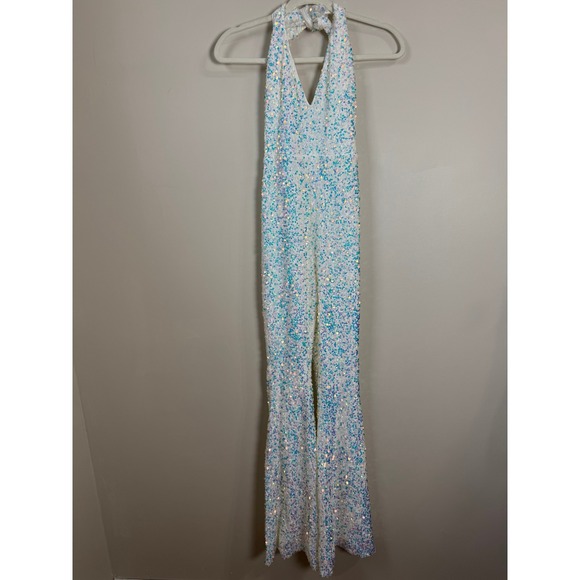 Show Me Your Mumu Women White Iridescent Sequin Halter Jumpsuit Size S - Picture 2 of 10
